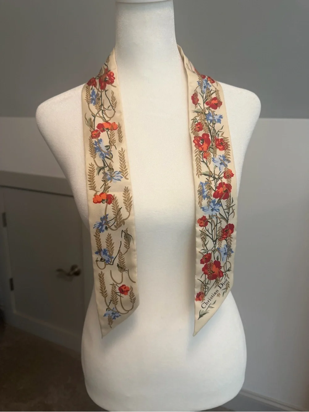 Dior Cream Silk Floral Bow Scarf with Red & Blue Blooms w/COA